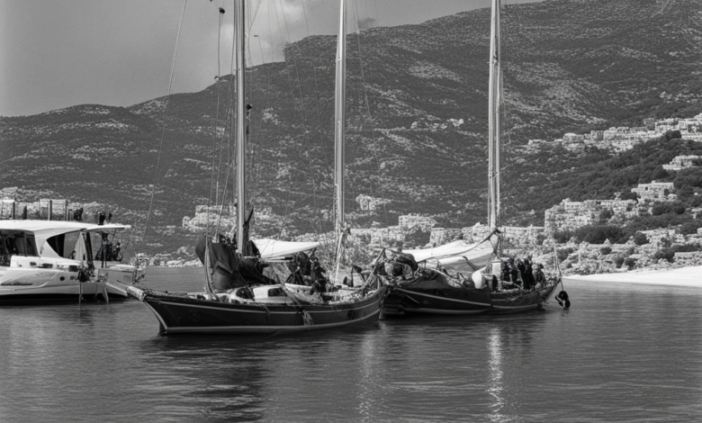 Taucher erkunden das Innere des gesunkenen Segelboots vor Sizilien