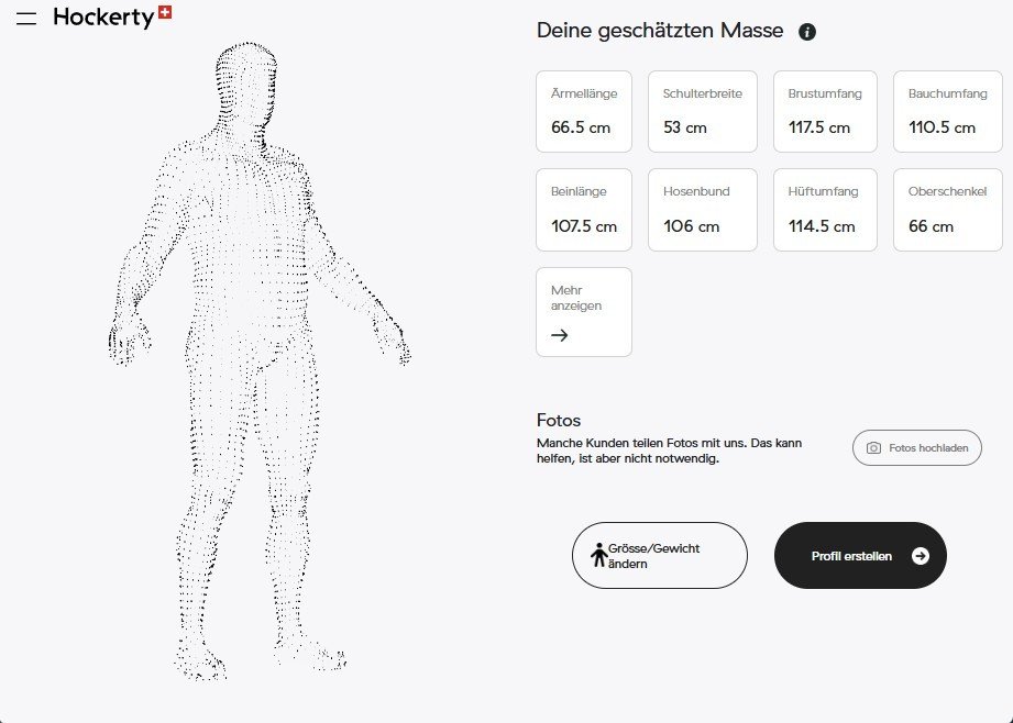 Digitales Körperprofil von Hockerty mit dreizehn geschätzten Massen